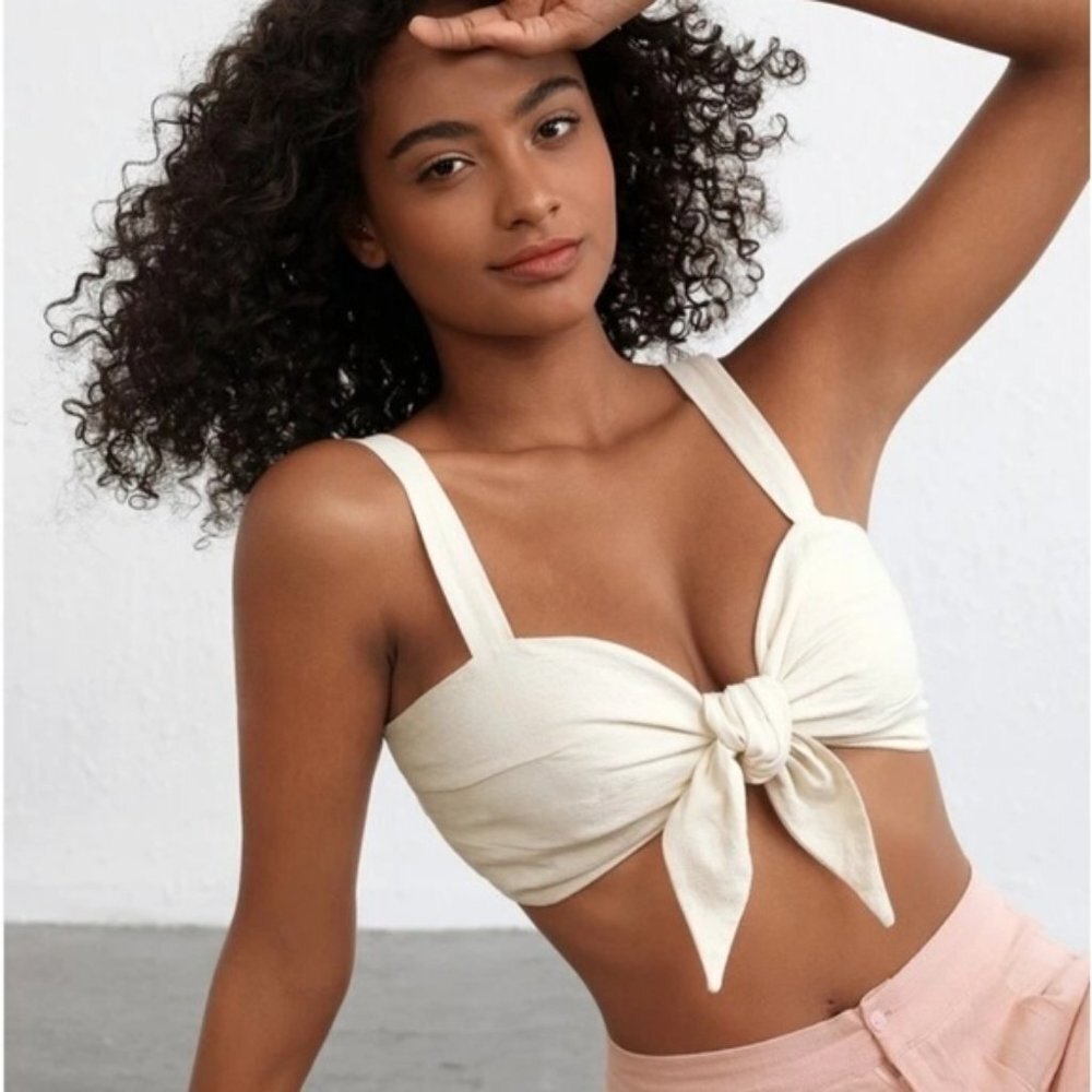 💠SHEIN Tie Knot Bra Top Adjustable Cotton Twisted Front Crop Bandeau Linen Like